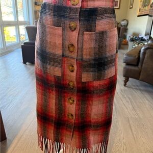 Anthropologie Pink and Red Plaid Button-Front Midi Skirt with Fringe